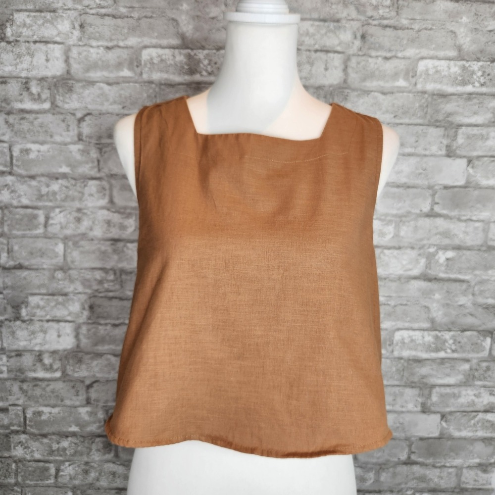 Kourt Willow Crop Top Brown Linen Blend Tie Back Boho Small